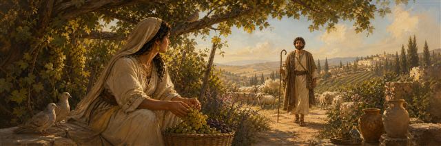 A woman in a vineyard looking toward her beloved approaching with a flock